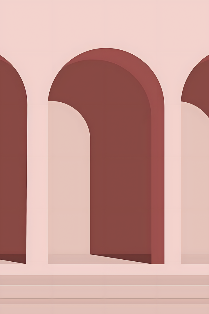 Repeating arches and stair-like forms in dusty pink, terracotta, peach.