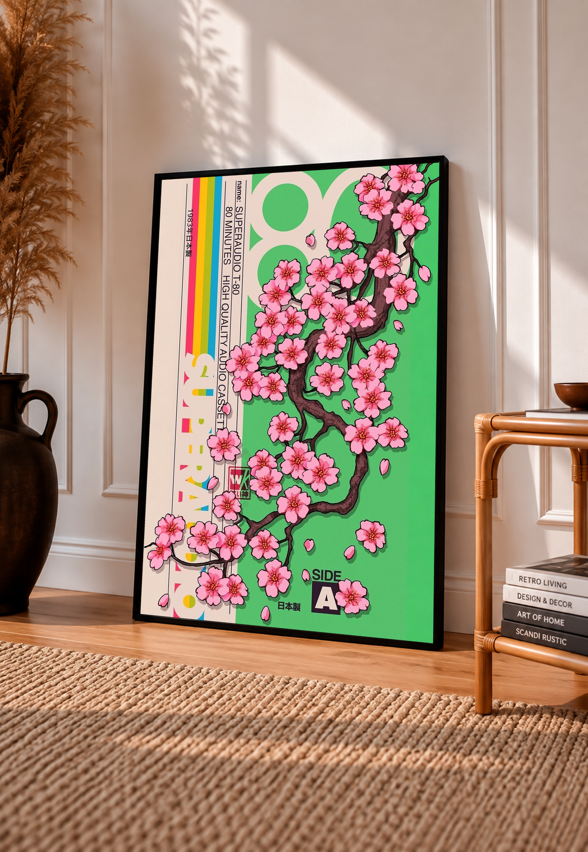 Framed poster with pink cherry blossoms on green, Japanese record sleeve details, Side A