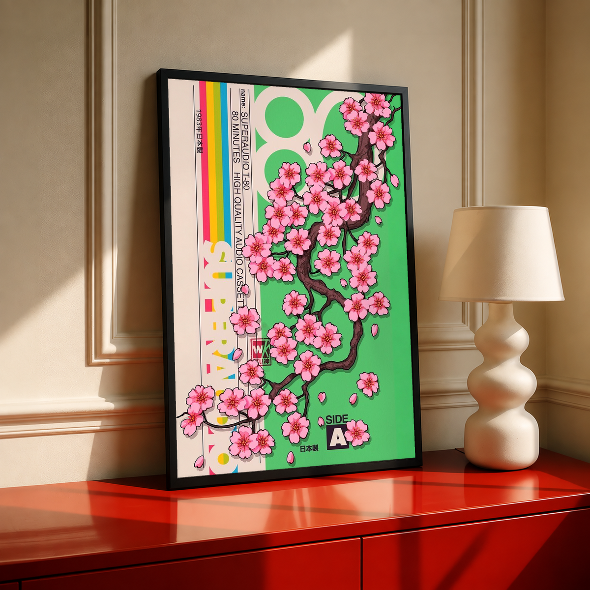 Framed poster with pink blossoms on green, Japanese sleeve layout, black frame, Side A