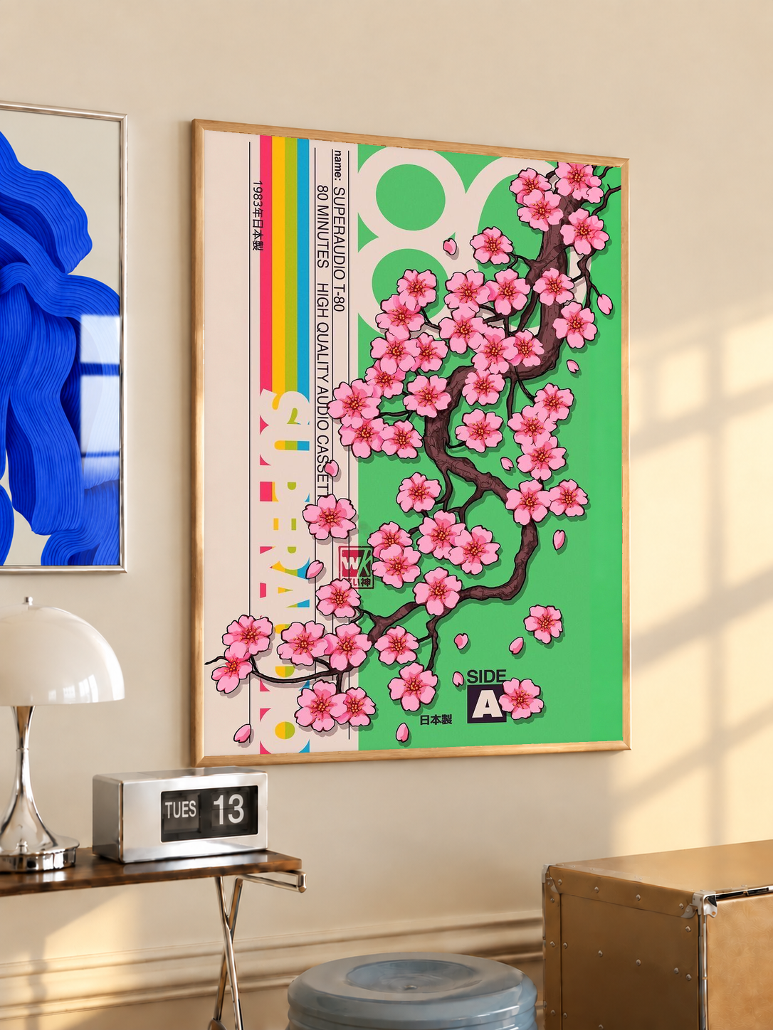 Framed poster with pink blossom tree on green, Japanese record sleeve design, Side A