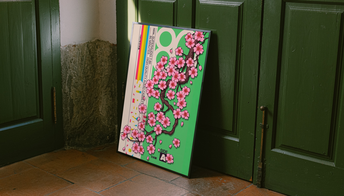 Framed poster with pink blossom tree on green, black frame, Japanese sleeve details, Side A