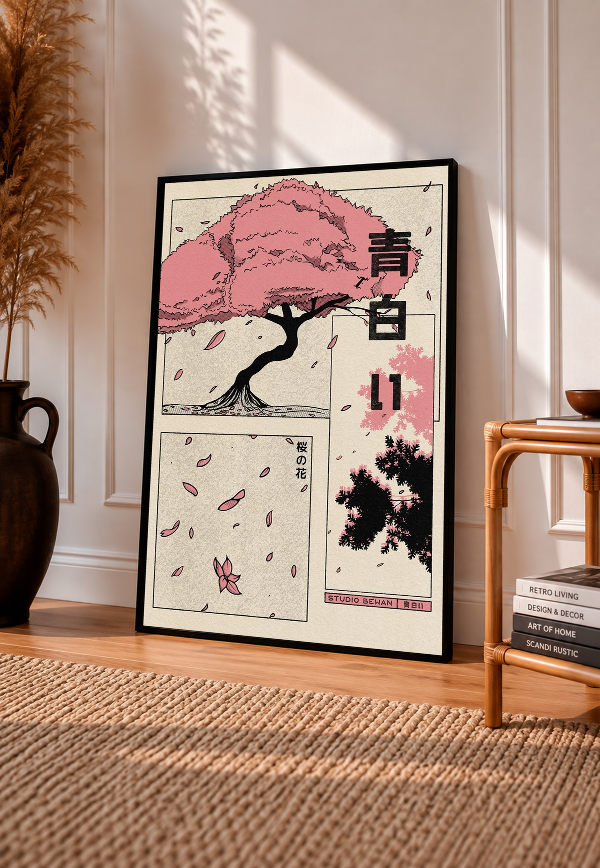 Framed blossom tree collage poster with pink leaves and falling petals on three sections