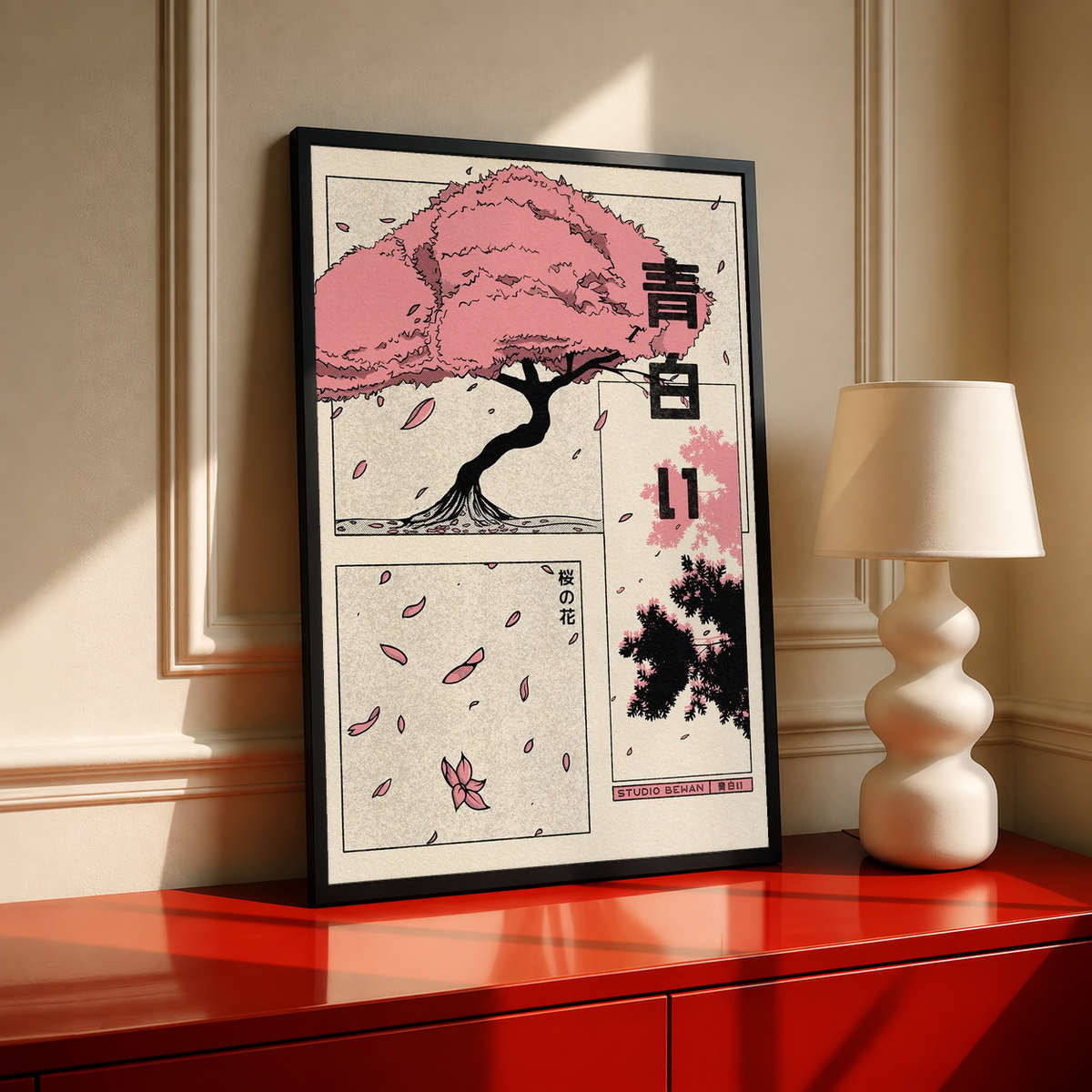 Blossom tree Japanese collage poster with pink canopy and black-ink trunk in a dark frame