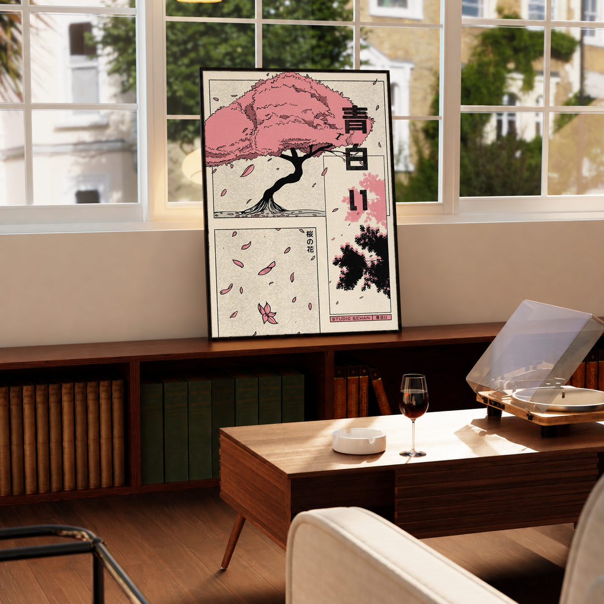 Blossom tree collage wall poster with pink canopy, three panels, displayed on wooden shelf