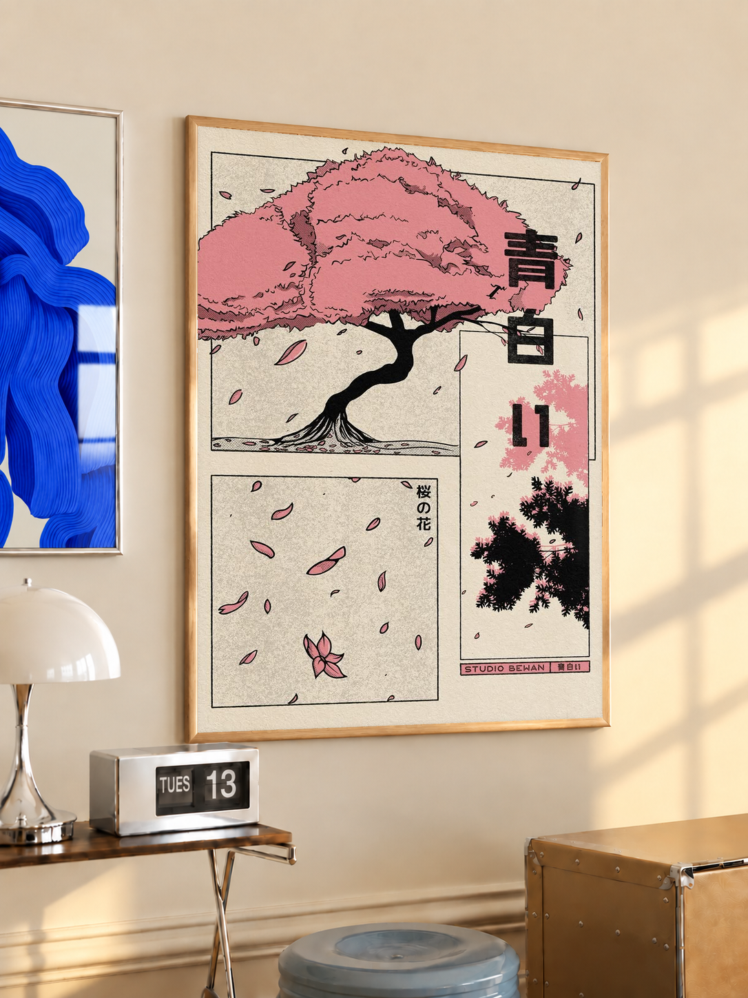 Japanese blossom tree collage poster with pink canopy, falling petals, and three-panel layout