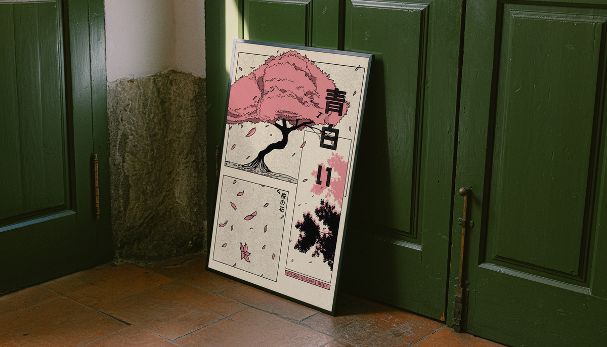 Small framed blossom tree collage poster with pink canopy and falling petals against green doors
