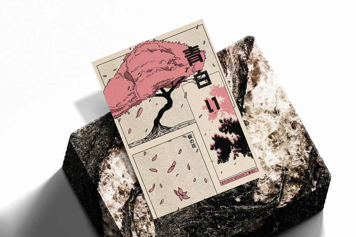 Pink blossom tree collage poster with three panels and falling petals on textured rocks