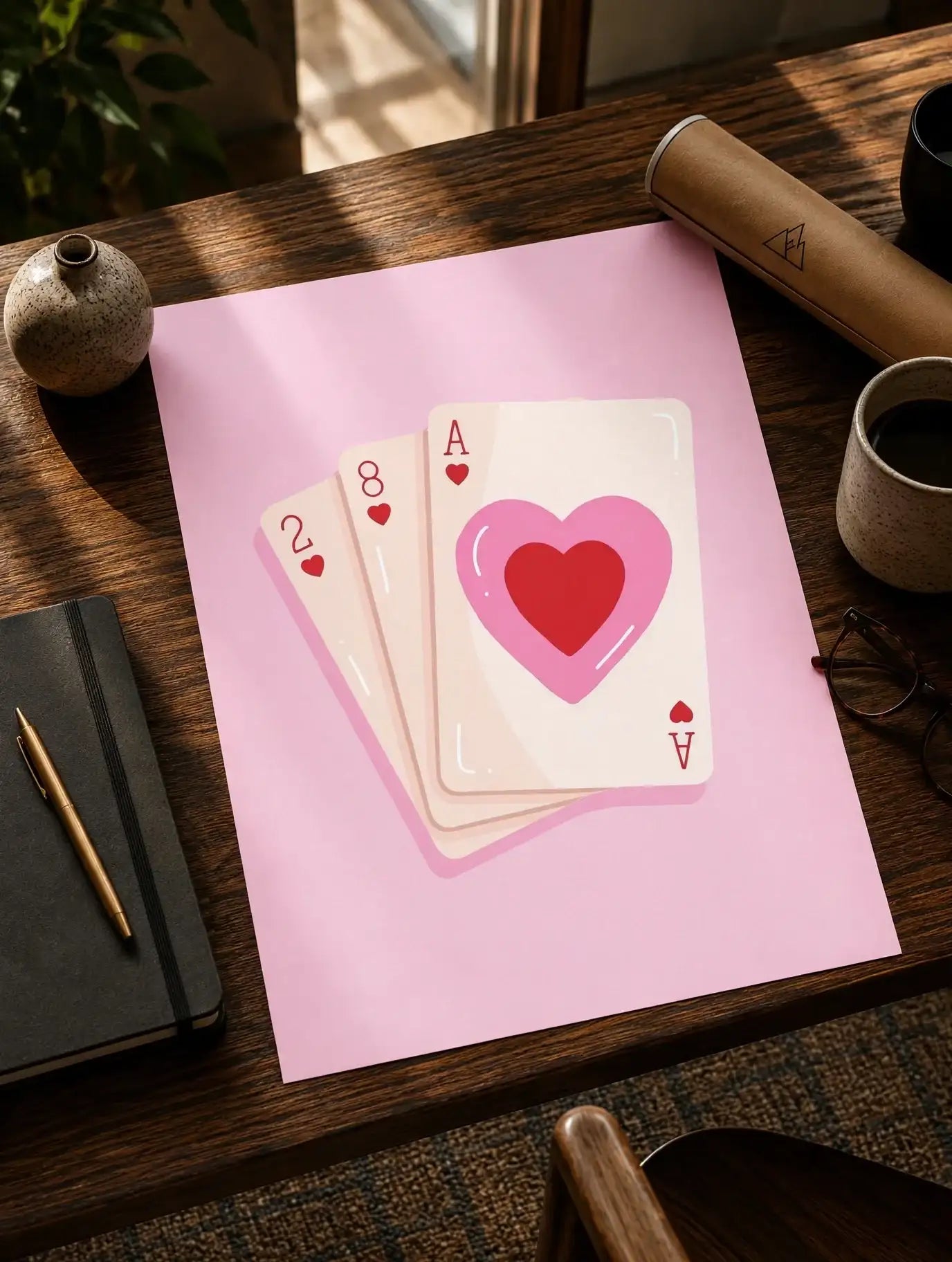 Pink playing cards love print on wooden table with heart card design