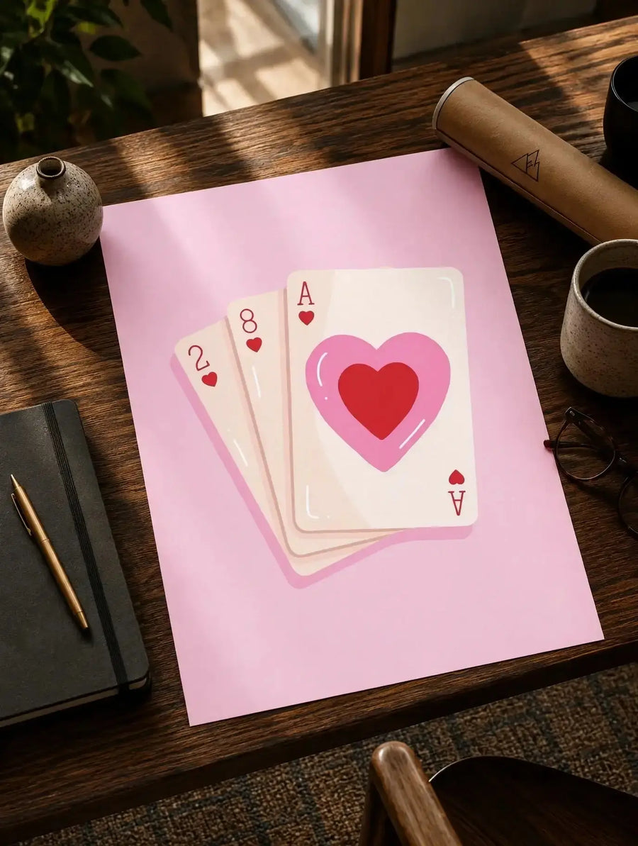 Pink playing cards love print on wooden table with heart card design