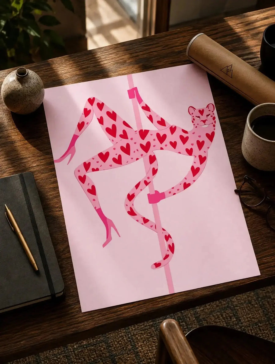 Unframed high-heel dancer print with red heart pattern and curled legs on a pole