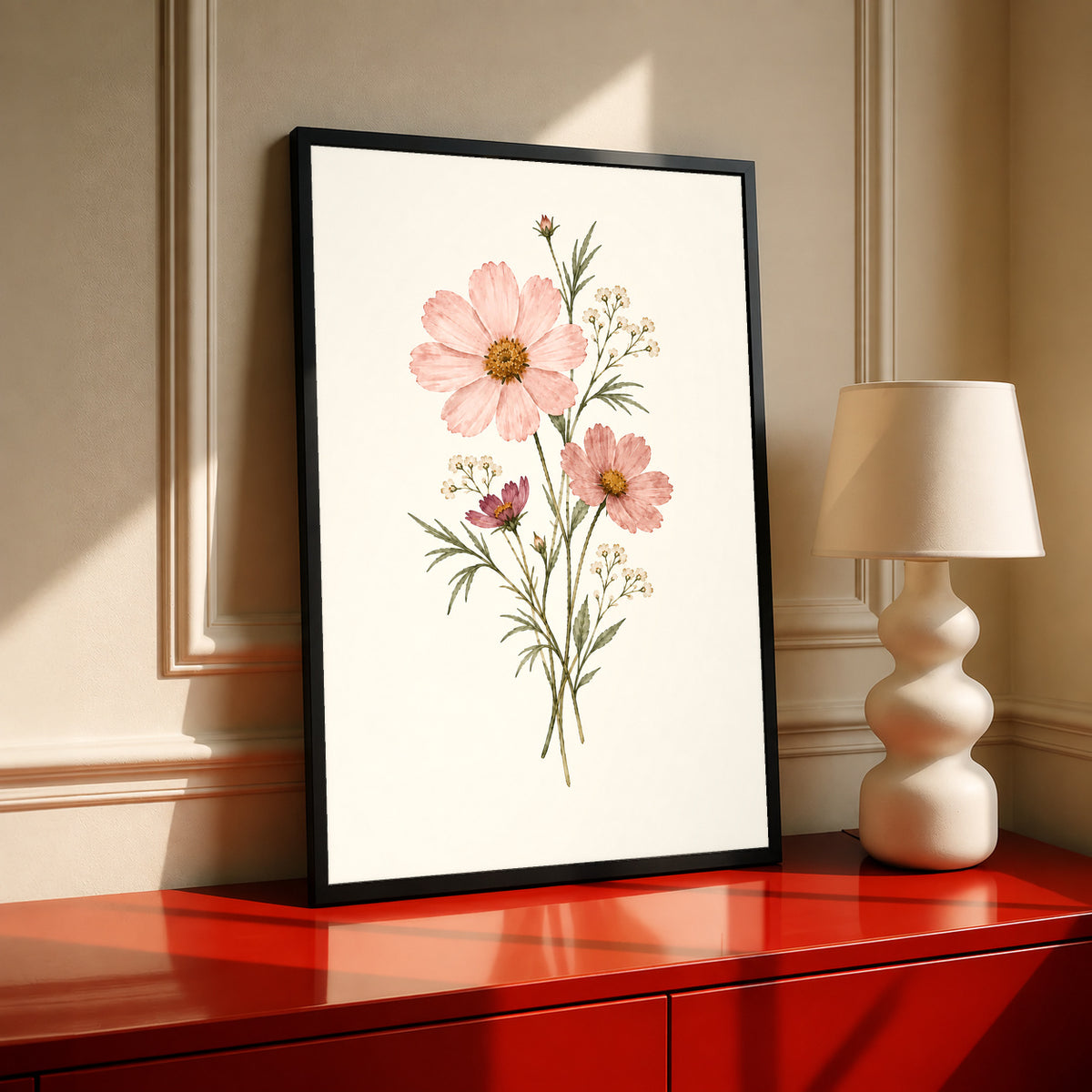 Pink cosmos flowers with yellow centres and fine white botanical sprigs in a black frame on a red cabinet beside a cream lamp