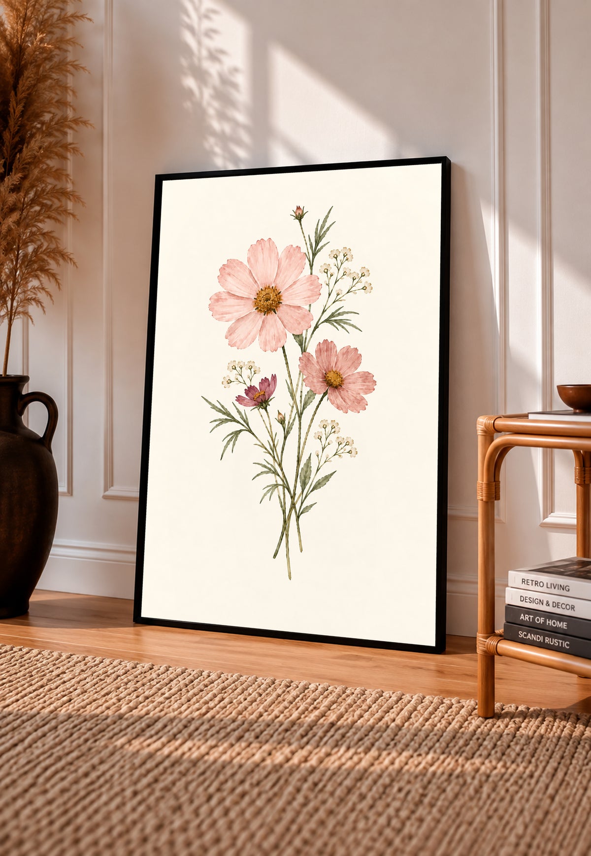 Pink cosmos flowers with yellow centres and fine white botanical sprigs in a black frame leaning on a sunlit wooden floor beside books and a rattan seat