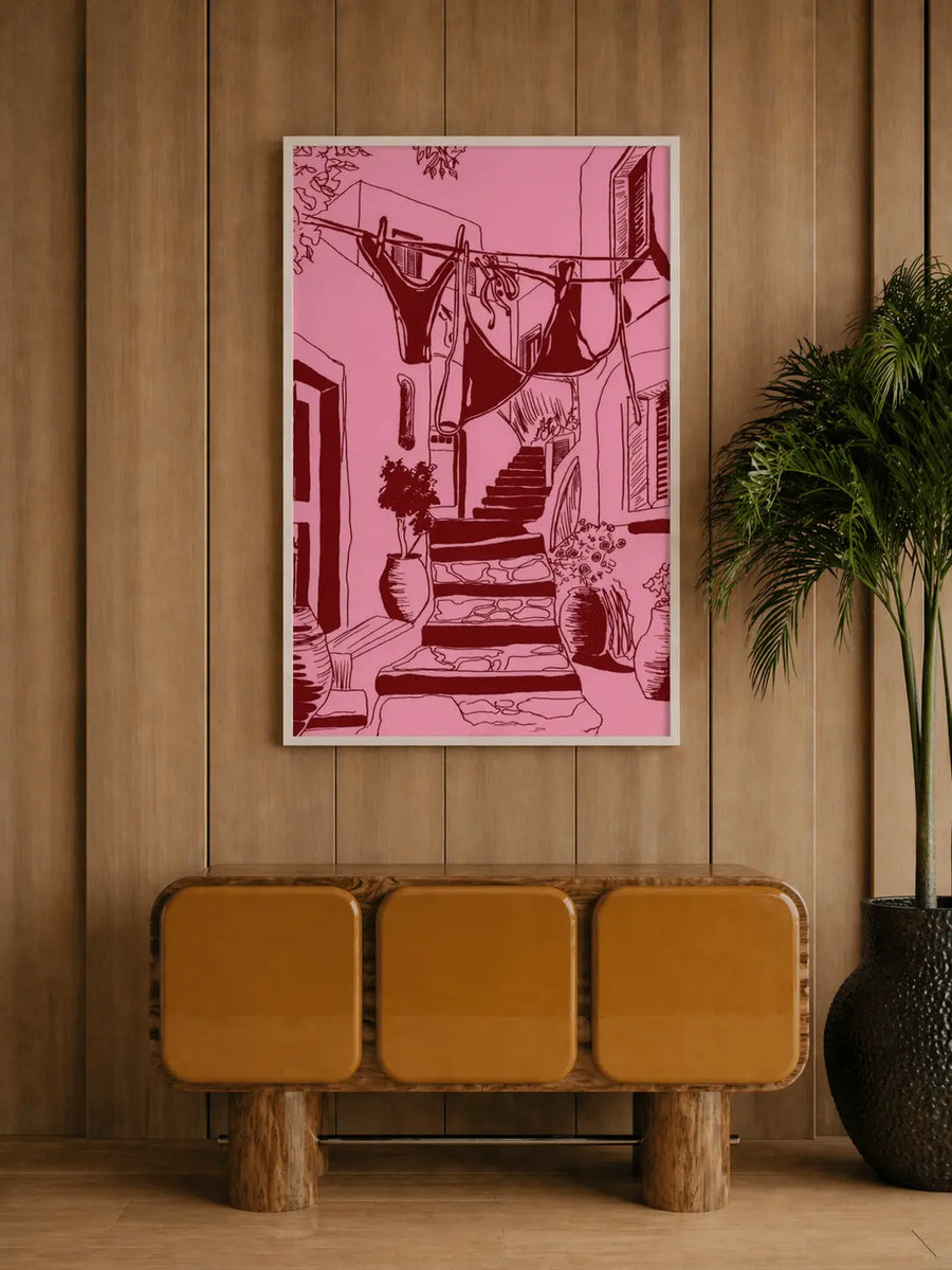 alt
Lámina enmarcada de patio rosa con borde blanco, ilustración rosa de escalones y ropa tendida