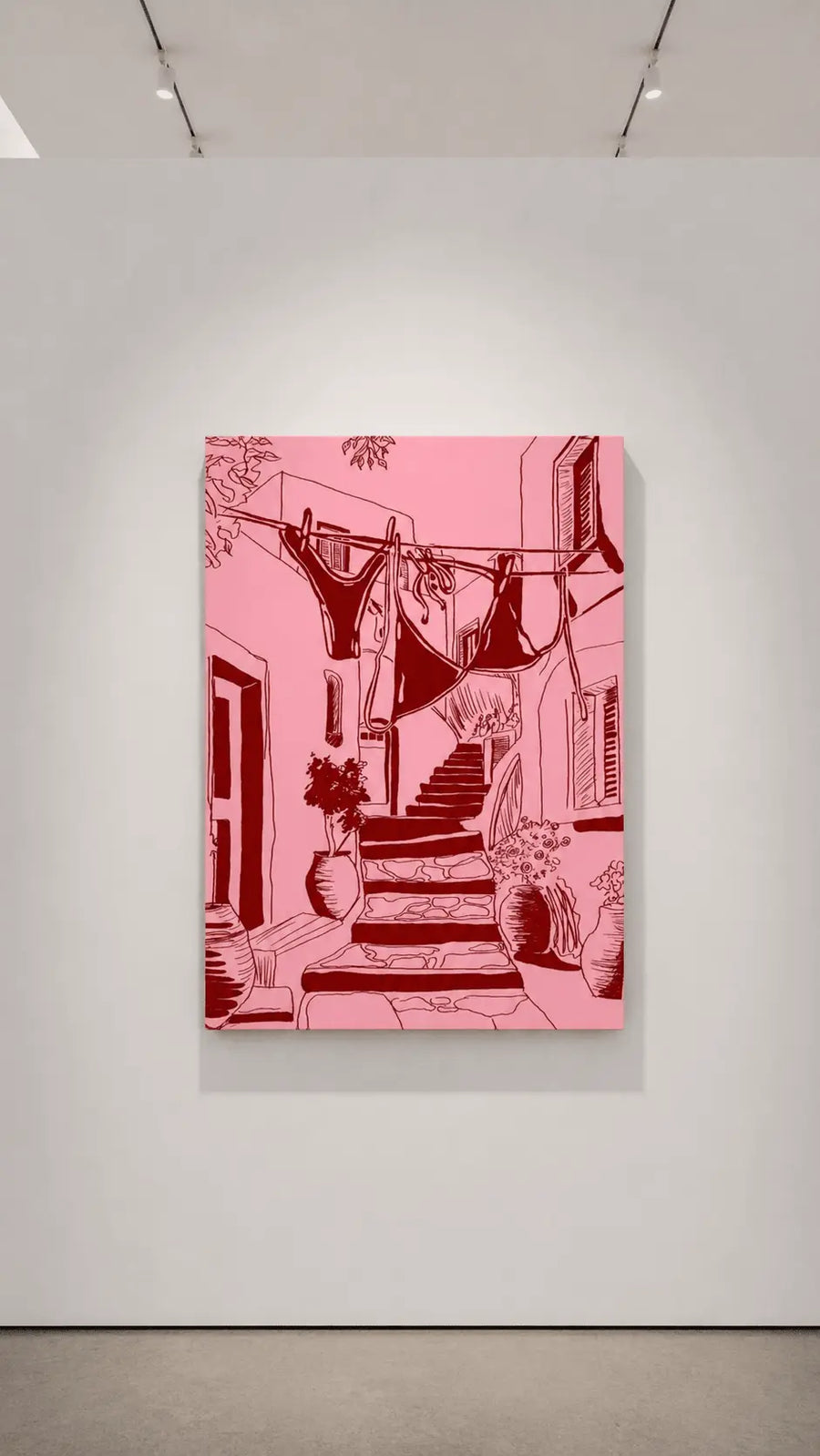 o
Impresión en lienzo de patio rosa, dibujo lineal rosa de tendedero y escalones