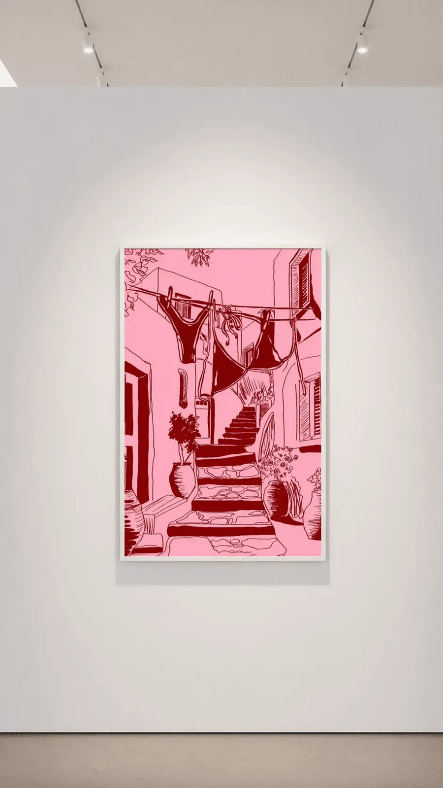 Impresión enmarcada de patio rosa con borde blanco, dibujo lineal de tendedero y escalones