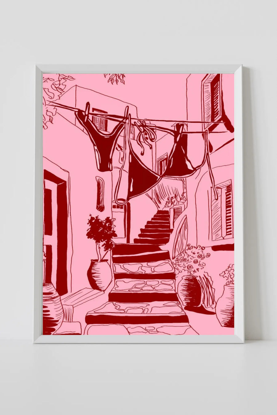 alt
Impresión enmarcada de patio rosa con borde blanco, ilustración de escalera con tendedero