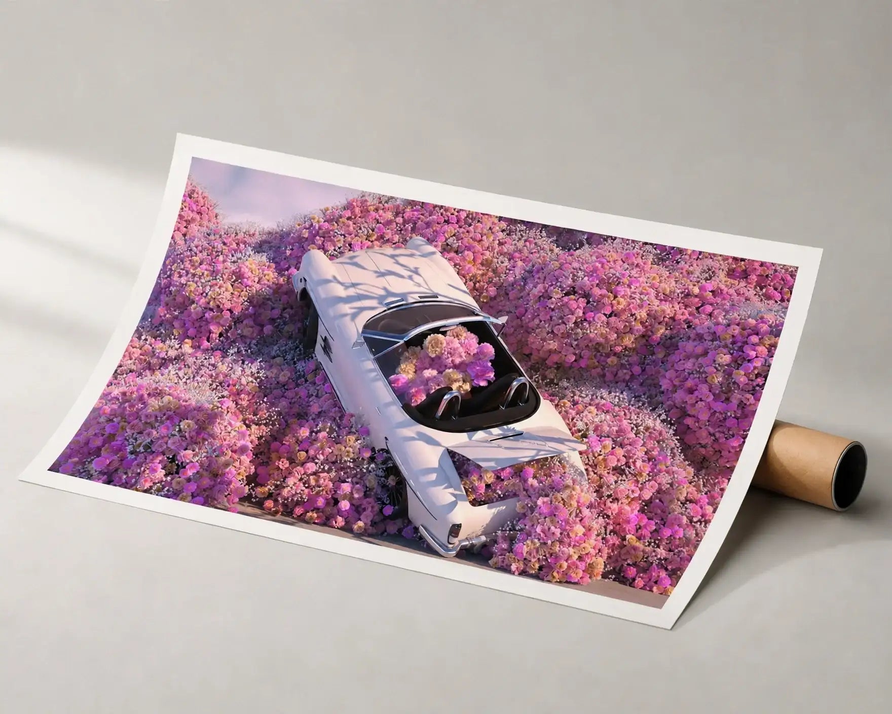 Rolled floral wall art print with light-blue car in pink flower field