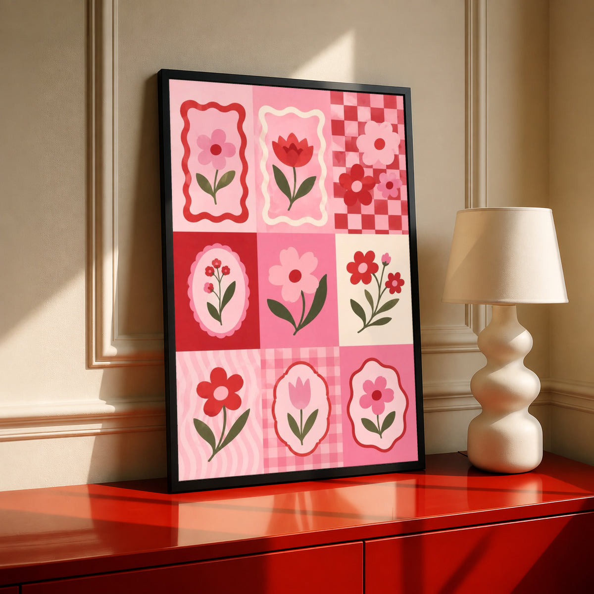 Black-framed floral patchwork poster with pink tulips, daisies, and checkerboard blocks.