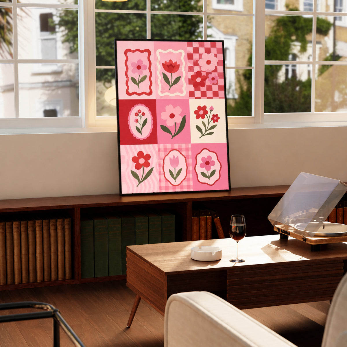 A pink and red patchwork grid of tulips, daisies, scalloped frames and checkerboard squares in a black display frame on a wooden console beside a sunlit window