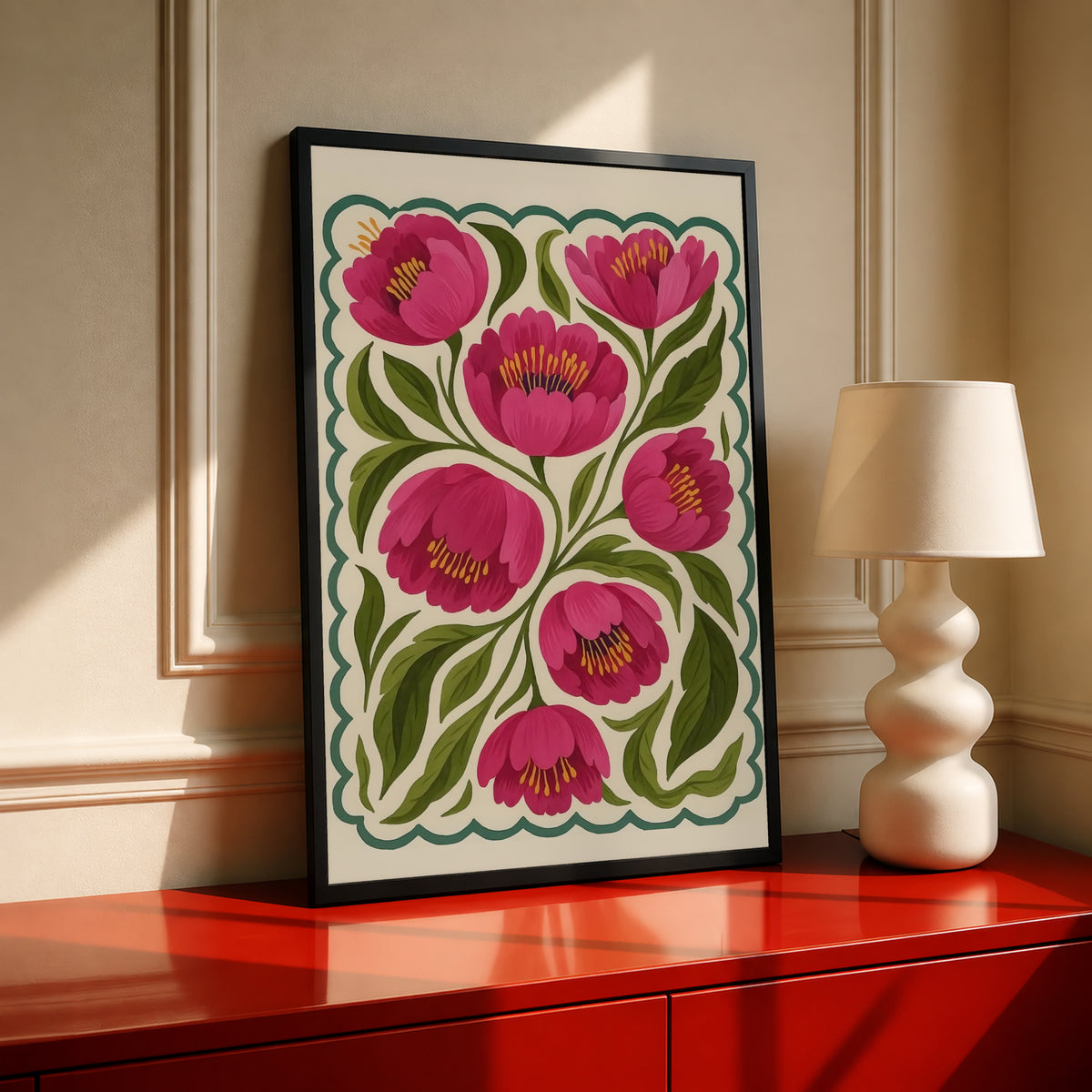 Black-framed folk floral poster with magenta blooms, green leaves, teal scalloped border