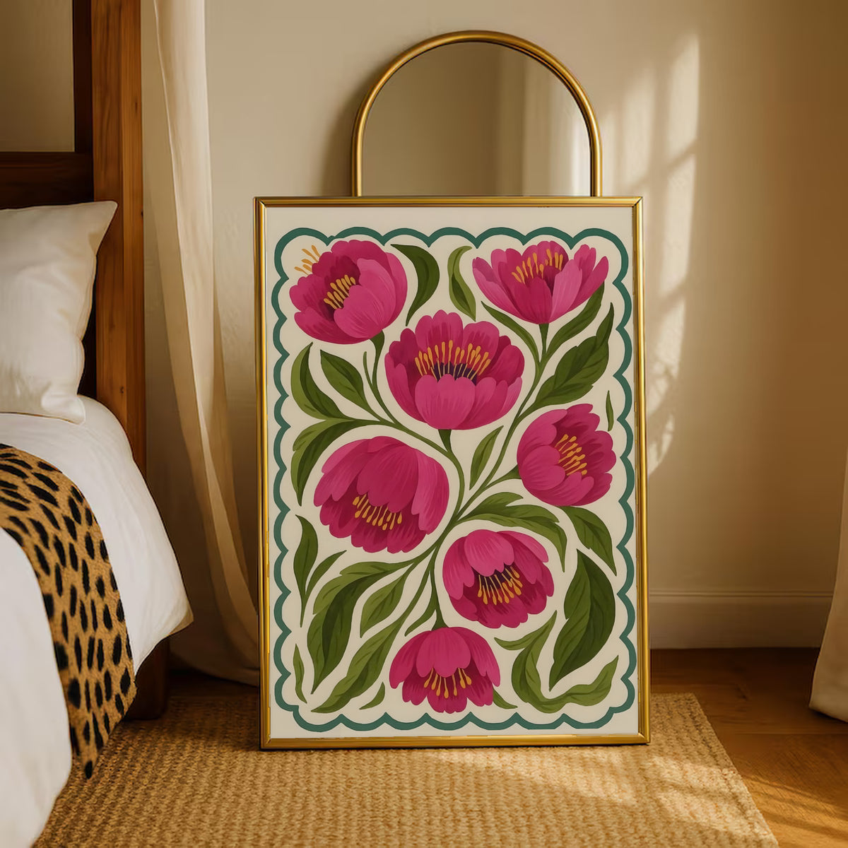 Gold-framed folk floral poster with magenta blooms, green leaves, teal scalloped border