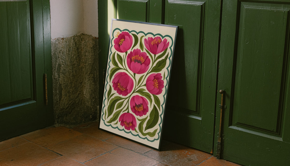 Unframed folk floral poster print with magenta flowers and green leaves, teal scalloped border