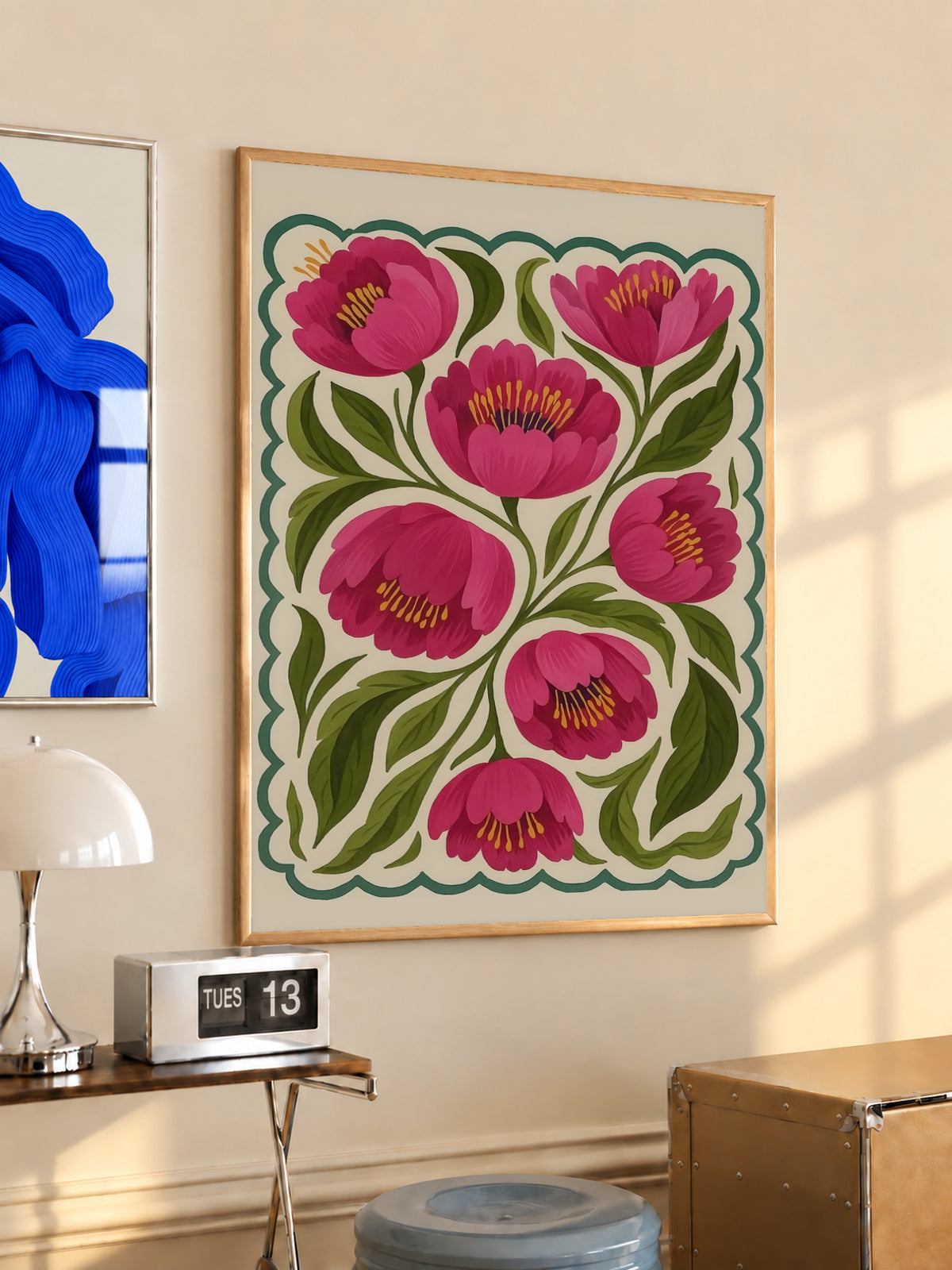 Framed folk floral poster with magenta tulip-like flowers, green leaves, teal scalloped border