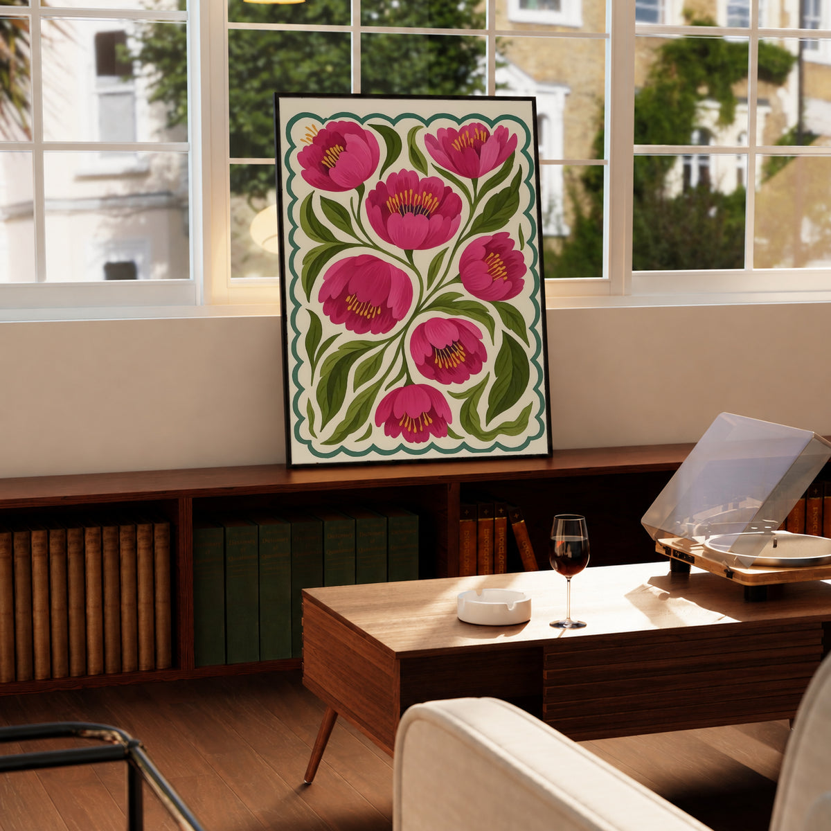 Black-framed folk floral poster featuring magenta flowers and green leaves, teal scalloped border