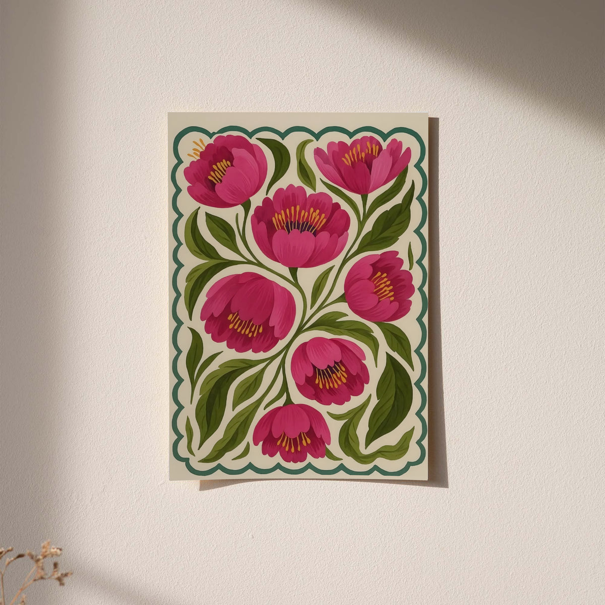Black-framed folk floral poster with magenta flowers and green leaves, teal scalloped edge