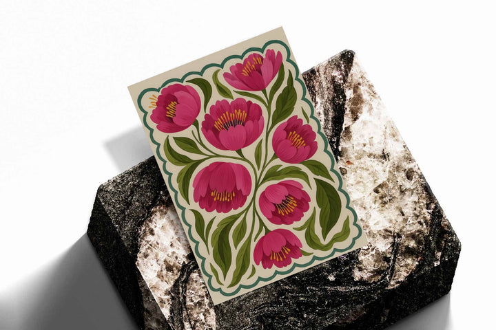 Unframed folk floral poster print with magenta blooms, green leaves, and teal scalloped border