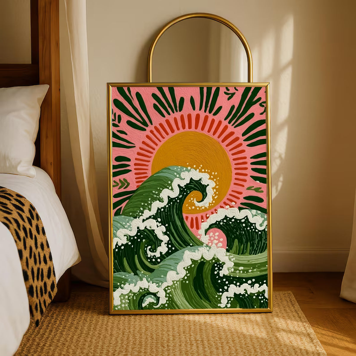 Gold-framed folk wave sun poster with green waves, orange sun, pink rays, and white foam