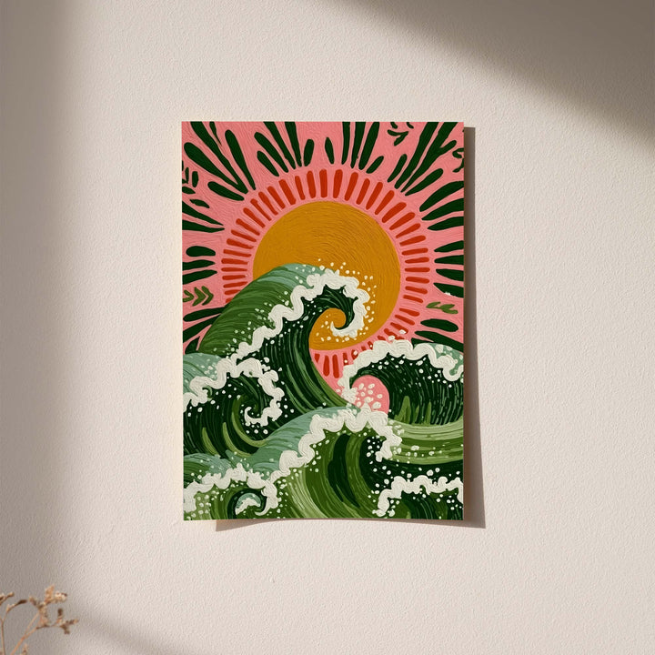 Folk wave sun poster with green ocean waves, orange sun, and pink sun rays