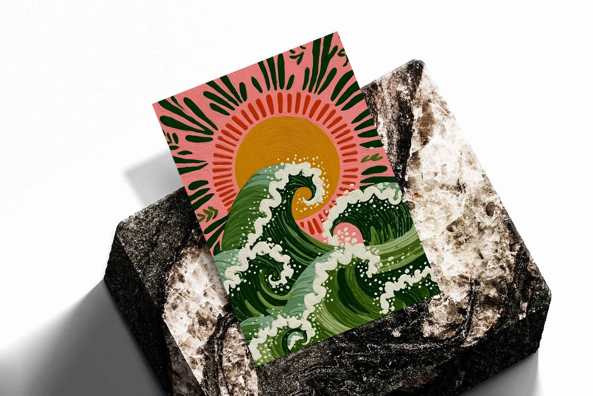 Folk wave sun poster print with green waves, orange sun, pink rays, and white wave foam