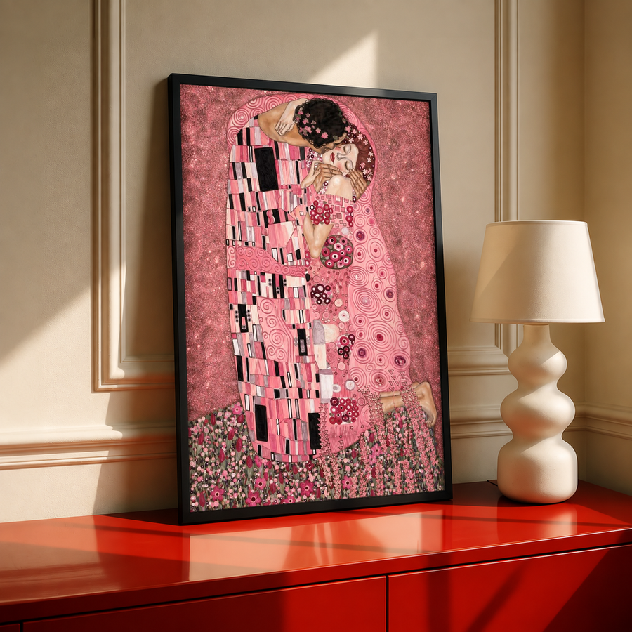 Standing framed pink kiss couple art print with floral and geometric design
