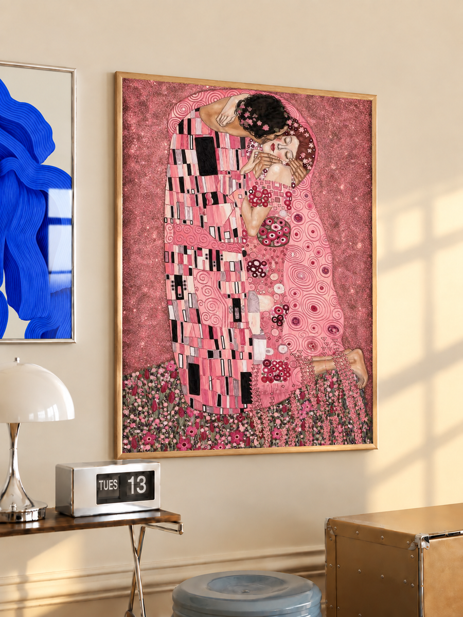 Framed pink couple kiss art print with floral and geometric patterns