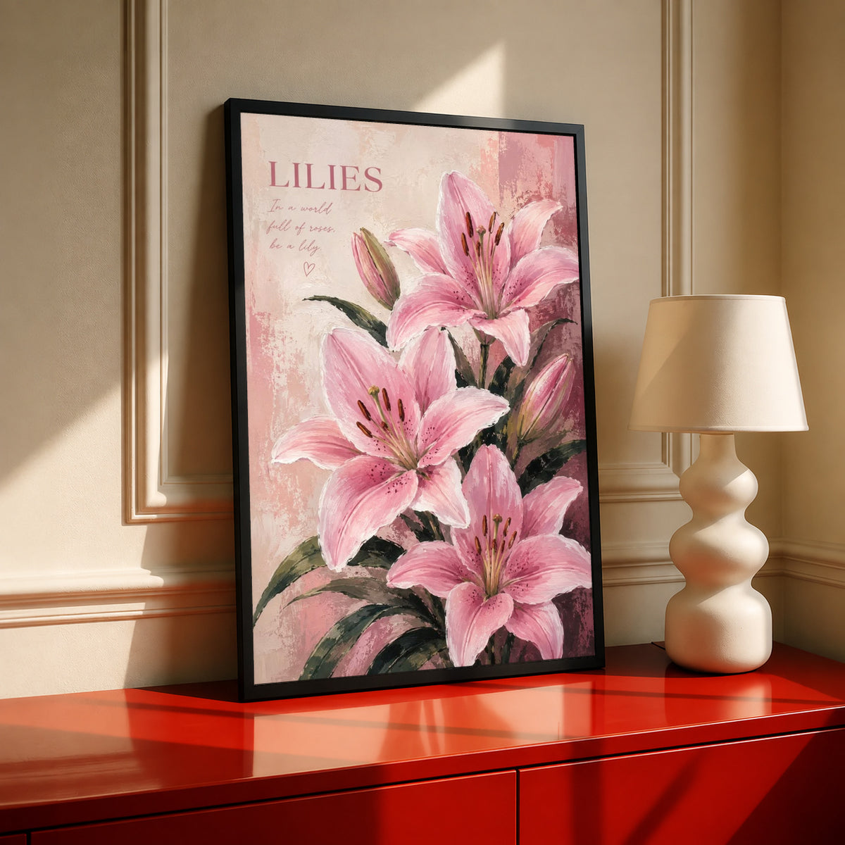Pink lilies botanical art print in black frame with pink flower illustration