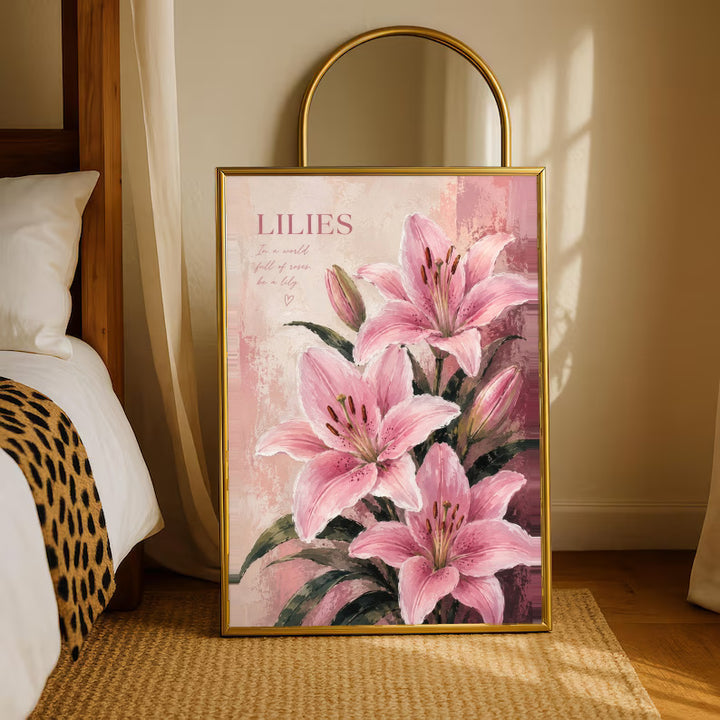Pink lilies and buds with dark green leaves beneath a LILIES heading on a soft blush ground in a gold-tone styling frame leaning beside a bedroom mirror