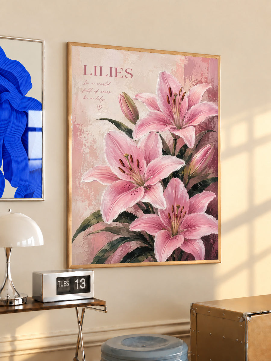 Pink lilies botanical art print in light wood frame, pink flower bouquet illustration