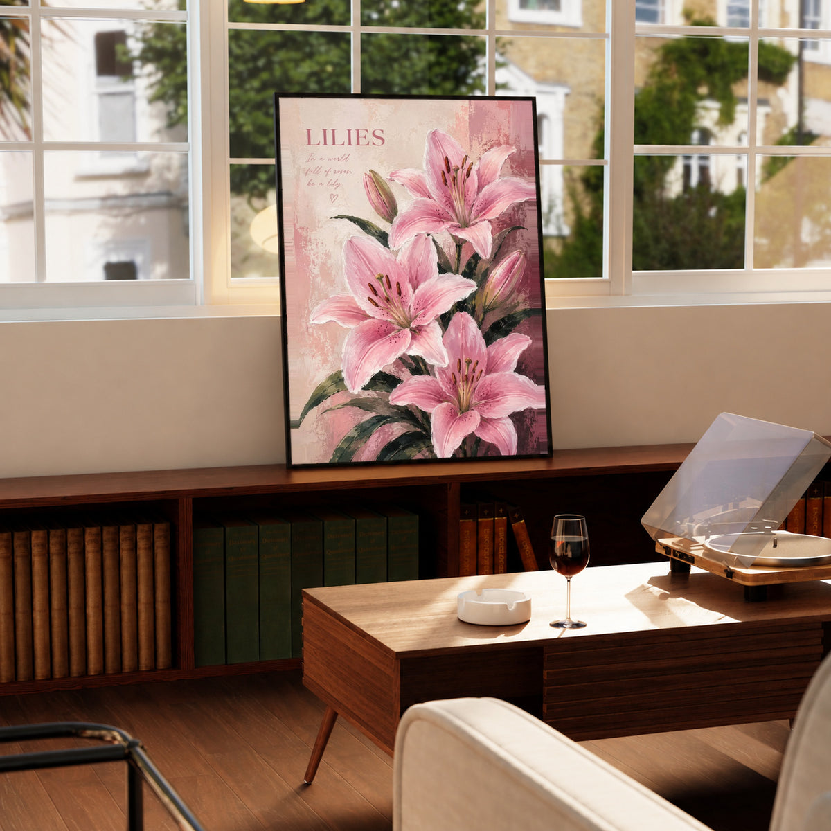 Pink lilies and buds with dark green leaves beneath a LILIES heading on a soft blush ground in a black display frame on a wooden console beside a sunlit window
