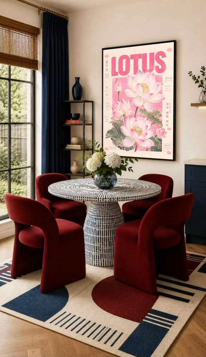 Pink lotus botanical poster in a black frame, LOTUS title with flower and leaf artwork