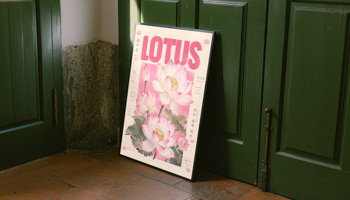 Pink lotus botanical poster leaning against green doors, bold LOTUS title with flowers