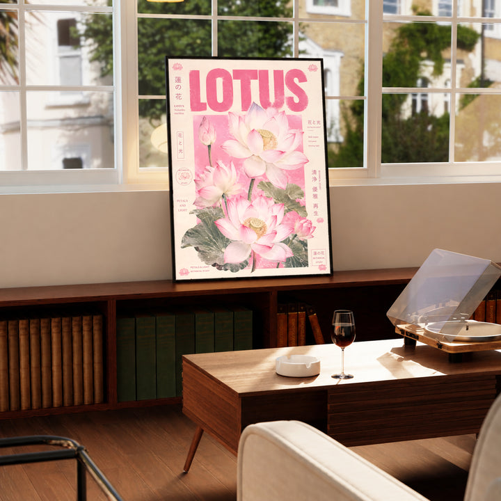 Pink lotus botanical poster in a light frame, LOTUS title with lotus flowers and leaves