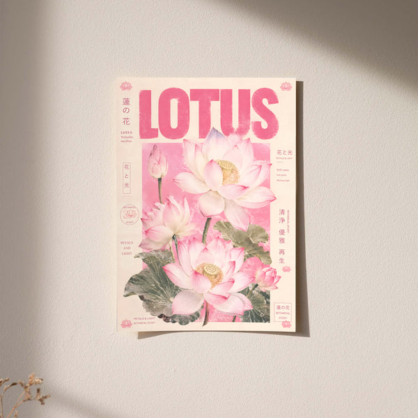 Framed pink lotus botanical poster with bold LOTUS title and blooming flowers