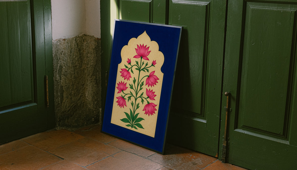 Pink lotus-like flowers and green stems within a scalloped gold arch on navy blue leaning on the floor against dark green wall panelling