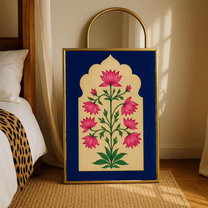Pink lotus-like flowers and green stems within a scalloped gold arch on navy blue in a gold-tone styling frame leaning beside a bedroom mirror