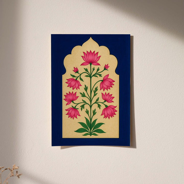 Pink lotus-like flowers and green stems within a scalloped gold arch on navy blue displayed without a visible frame on a softly lit pale wall