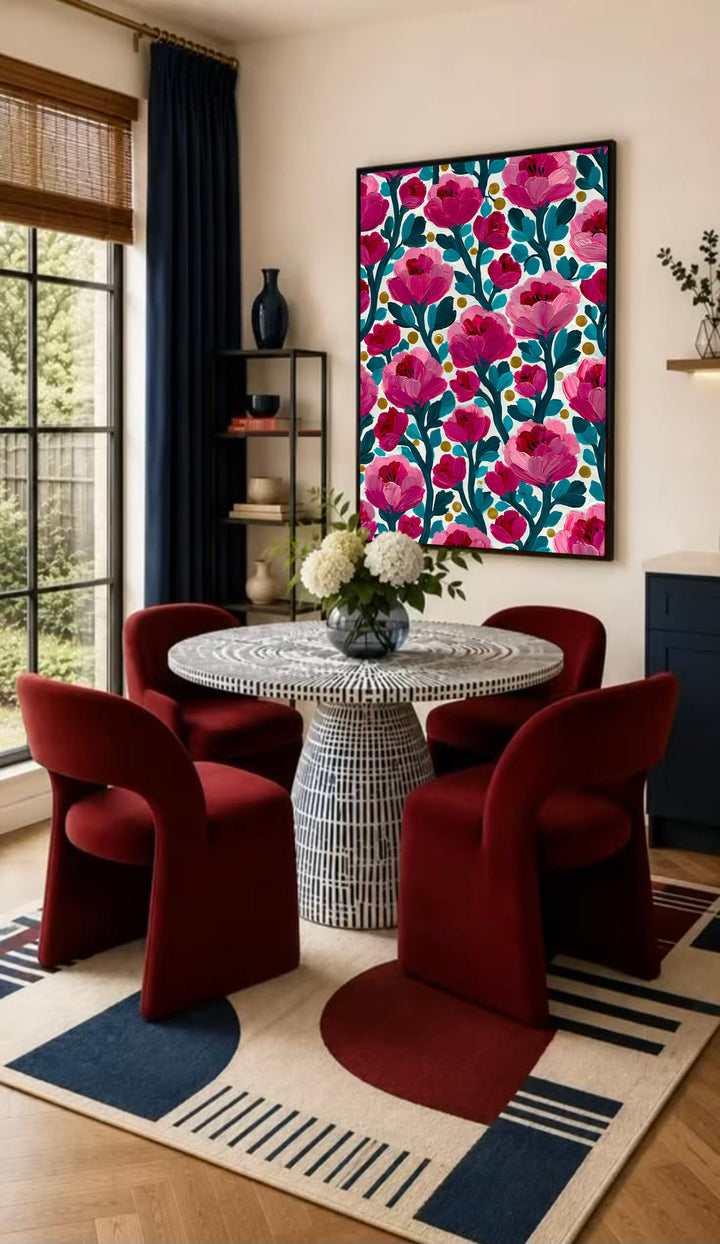Framed floral wall art print showing pink blossoms, teal stems, cream ground, and yellow dots