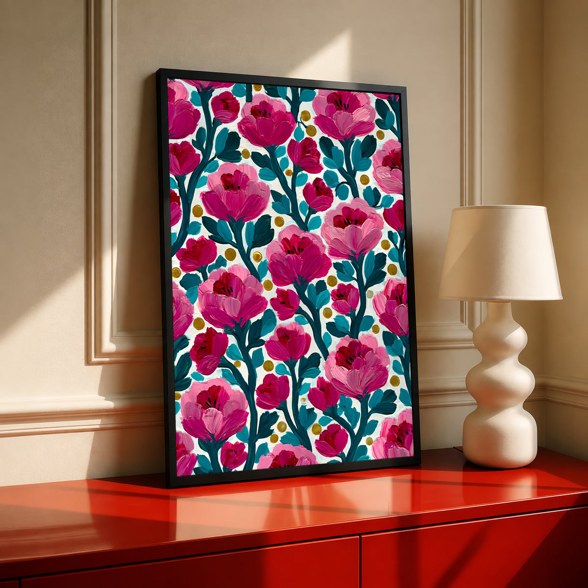 Framed floral wall art print with pink blossoms, teal stems, cream ground, yellow dots