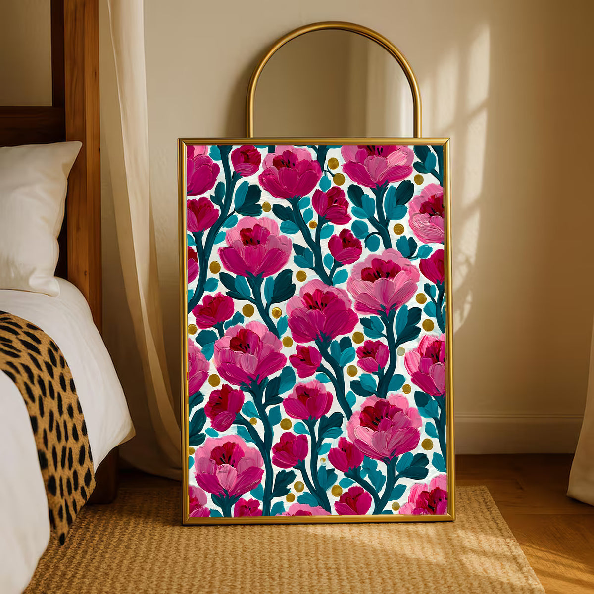 Gold-framed floral wall art print with pink flowers, teal stems, cream ground, and yellow dot details