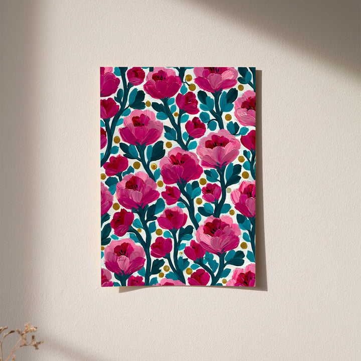 Floral wall art print with pink flowers, teal foliage, cream background, and yellow dot accents